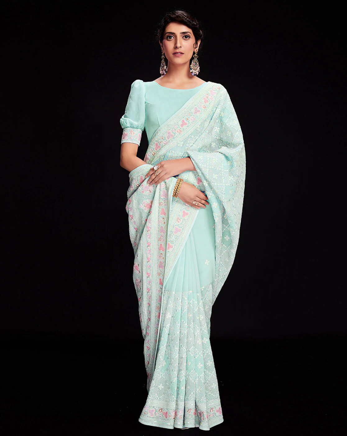 1117Wx1400H-466264357-blue-MODEL.webp Floral Print Saree with Border - Image 1