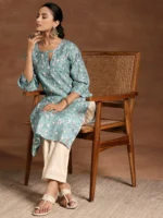 Blue Printed Silk Straight Kurta - Image 2