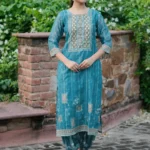 Blue Embellished Chanderi Silk Straight Kurta