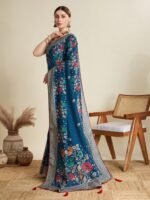 Women Blue Cotton Floral Saree with Unstitched Blouse - Image 3