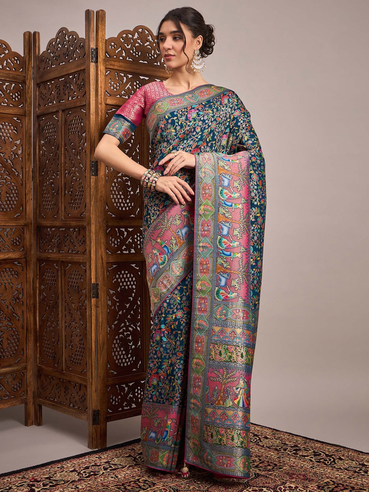 6a4488fMSTANI159CHSTeal_1.jpg Teal Woven Viscose Saree with Unstitched Blouse - Image 1