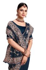 Teal Blue Zari Resham Embroidered Georgette Saree Sari with Matching Blouse Piece - Image 4