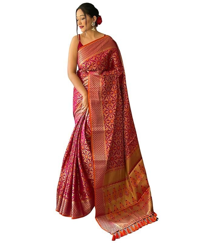 81tbFlvecPL._SX679_.jpg Women's Kanjivaram patola Soft Lichi Silk Sarees With Unstitched Blouse Piece - Image 1