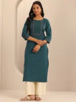 Teal Printed Cotton Blend Straight Kurta - Image 4