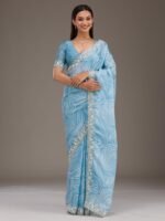 Sky Blue Zari Georgette Saree with Unstitched Blouse - Image 3