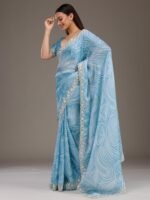 Sky Blue Zari Georgette Saree with Unstitched Blouse - Image 2