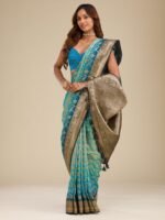 Turquoise Blue Zari Georgette Saree with Unstitched Blouse - Image 2